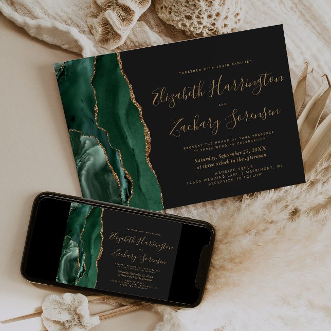 Modern Emerald Grönt Guld Agate Mörk Bröllop Inbjudningar (Skapare uppladdad)