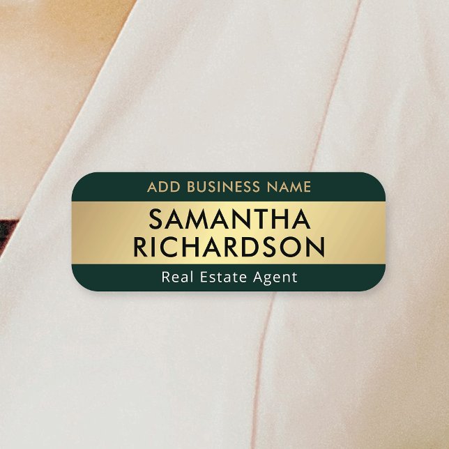 Modern Emerald Grönt & Guld Employee Chic Business Namnbricka (Modern emerald and faux gold business employee name tags with custom text and your company name)