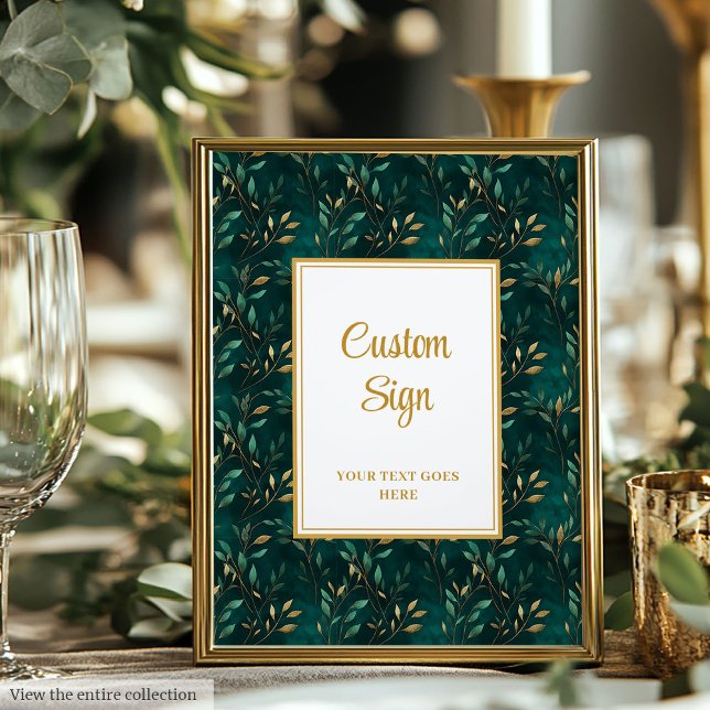 Modern Emerald Grönt Guld Greenery Anpassningsbar  Poster (Modern Emerald Green Gold Greenery Custom Sign)