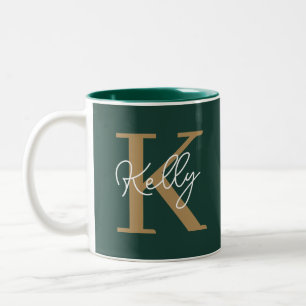Modern Emerald Grönt Guld Monogram Två-Tonad Mugg