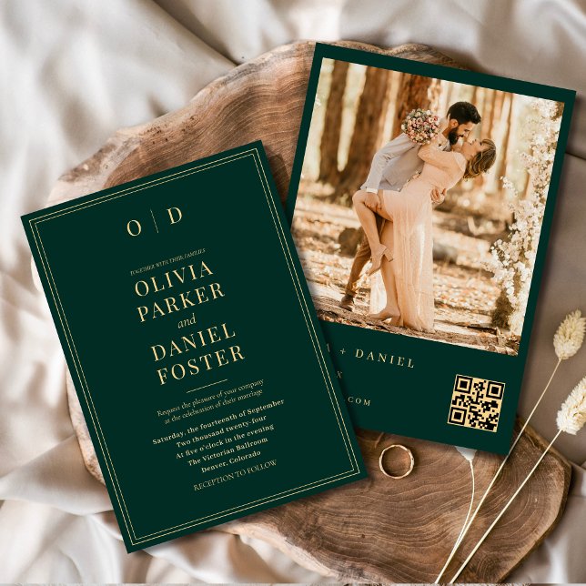 Modern Emerald Grönt Guld Photo QR Code Bröllop Inbjudningar (Skapare uppladdad)