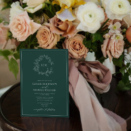 Modern Emerald Grönt Leafy Vapensköld Monogram Brö Inbjudningar