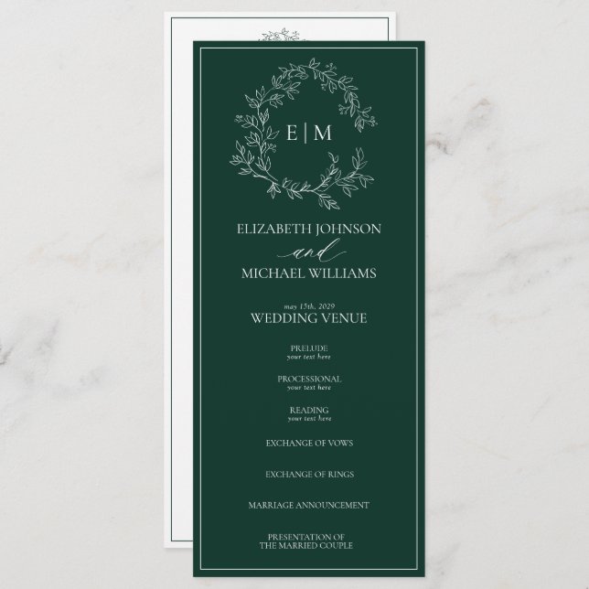 Modern Emerald Grönt Leafy Vapensköld Monogram Brö Program (Fram/baksida)