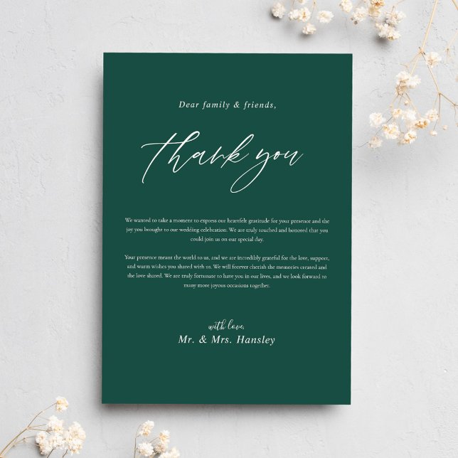Modern Emerald Grönt Minimal Calligraphy Bröllop Tack Kort (Modern Emerald Green Minimal Calligraphy Wedding Thank You Card)