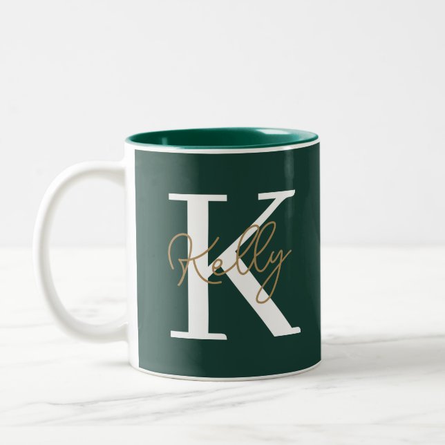 Modern Emerald Grönt Monogram Script Två-Tonad Mugg (Vänster)