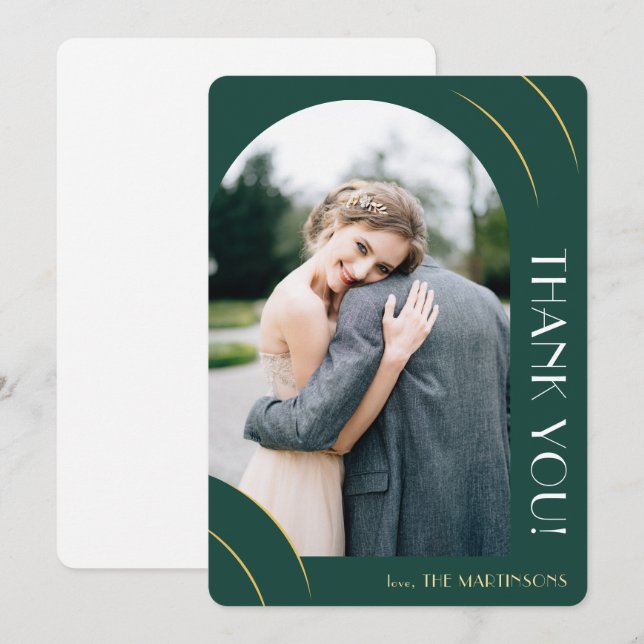 Modern Emerald Grönt och Guld Photo Bröllop Tack Kort (Fram/baksida)
