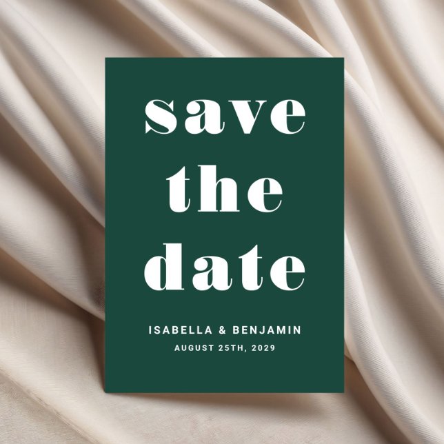 Modern Emerald Grönt Typography Bröllop Spara Datumet (Emerald Green Modern Typography Wedding Save The Date)