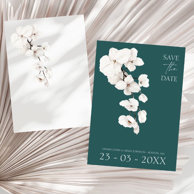 Modern Emerald Grönt White Orchids Flowers Bröllop Spara Datumet (Modern Emerald Green White Orchids Flowers Wedding Save The Date)