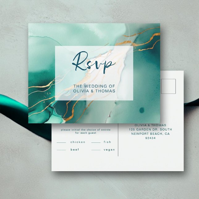 Modern Emerald Guld Boho Beach Wedding Meal OSA Inbjudan Vykort (emerald green modern summer beach wedding rsvp meal choice romantic elegant bohemian gold chic)