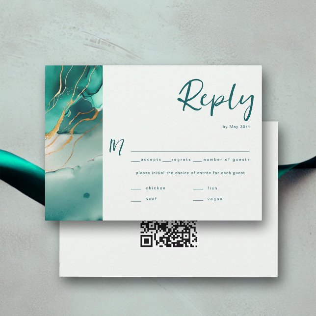 Modern Emerald Guld Bröllop QR Meal Choice OSA (emerald green gold modern summer beach wedding rsvp card meal choice qr code elegant bohemian chic)