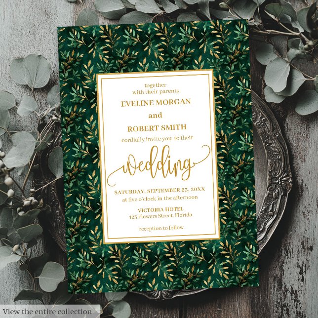 Modern Emerald Guld Greenery Wedding bjudande Inbjudningar (Modern Emerald Gold Greenery Wedding Invitation)