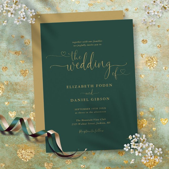 Modern Emerald Guld Hearts Calligraphy Bröllop Inbjudningar (Modern Emerald Gold Hearts Calligraphy Wedding Invitation)
