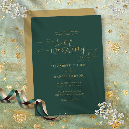 Modern Emerald Guld Hearts Calligraphy Bröllop Inbjudningar