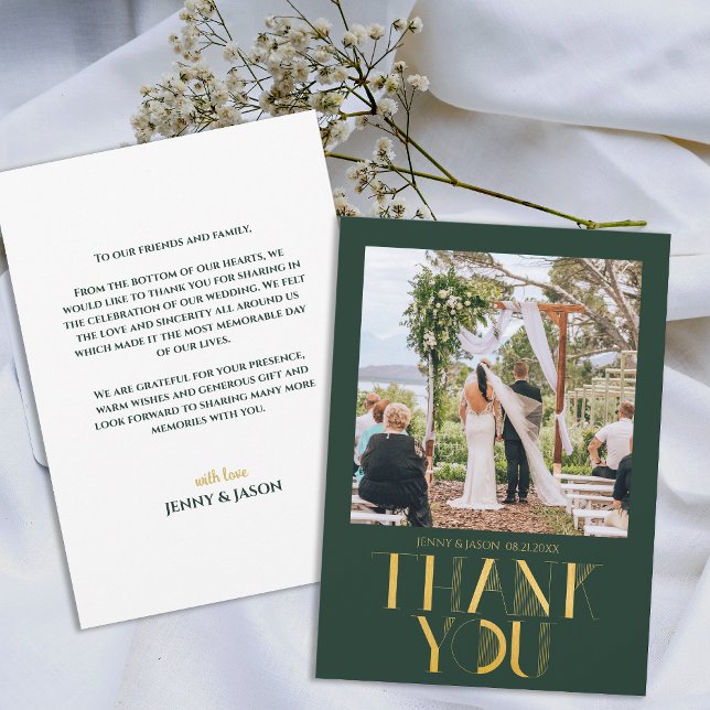 Modern Emerald Guld Photo Bröllop - tackkort för Meddelande (Modern Emerald Gold Photo Wedding Thank You Card)