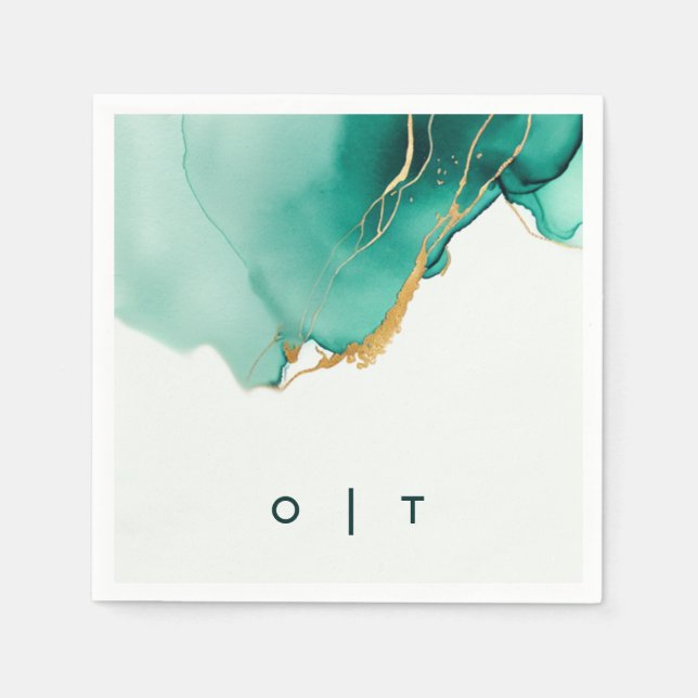 Modern Emerald Guld Teal Monogram Beach Wedding Pappersservett (Framsidan)