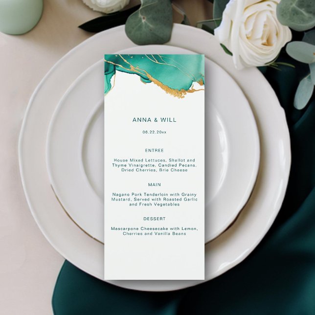 Modern Emerald Guld Teal Summer Beach Boho Bröllop Meny (emerald green modern minimalist beach wedding menu gold waves summer elegant bohemian romantic chic)