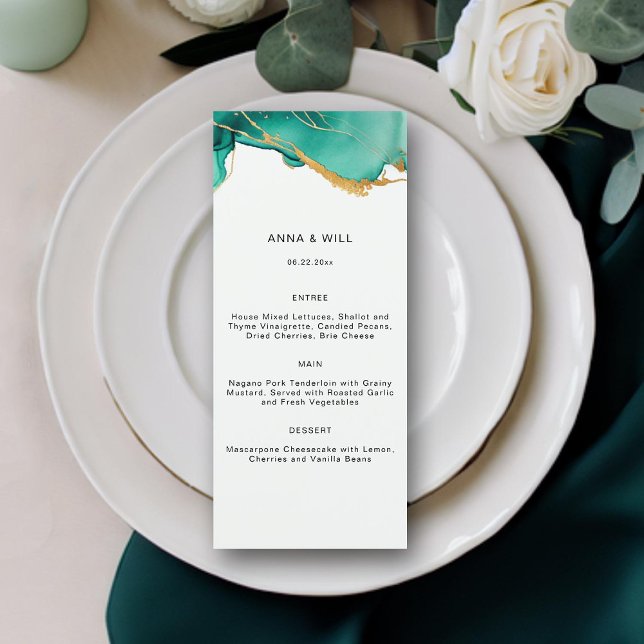 Modern Emerald Guld Teal Summer Beach Chic Bröllop Meny (emerald green gold teal beach wedding menu summer waves modern elegant romantic bohemian)