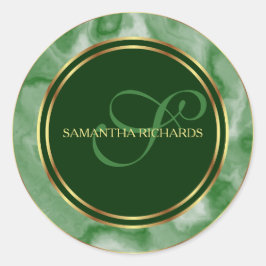 Modern Emerald Marble och Guld Monogram Runt Klistermärke