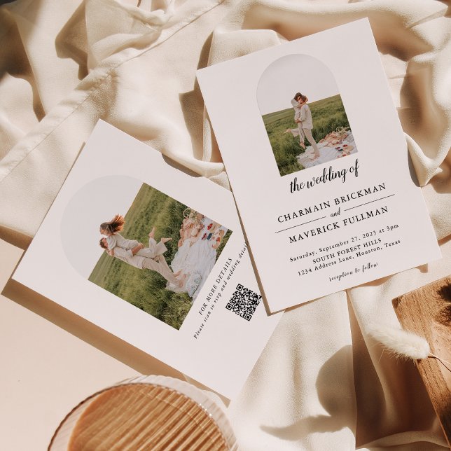 Modern enkel Arch Photo QR-kod Bröllop Inbjudningar (Skapare uppladdad)