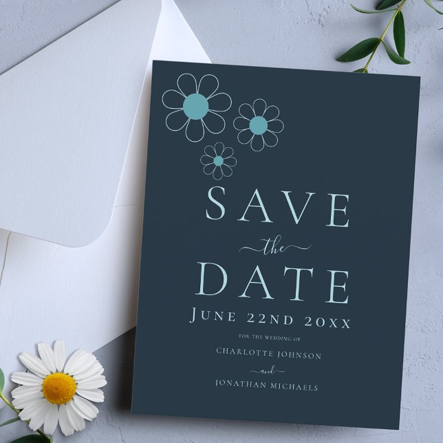 Modern Enkel blå Daisy Bröllop Inbjudan Vykort (Minimalist daisy stylish navy blue wedding save the date invitation )