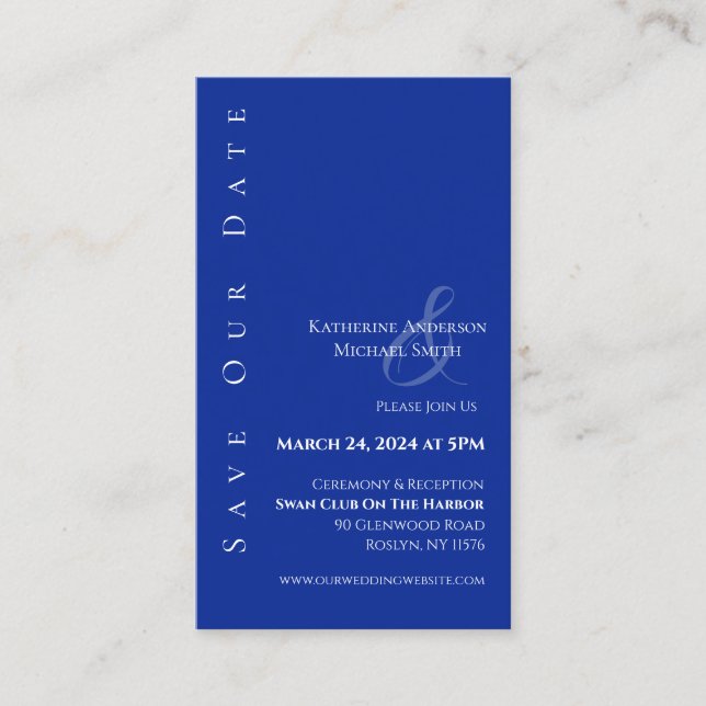 Modern enkel blå och vit-spara datum- visitkort (Framsida)