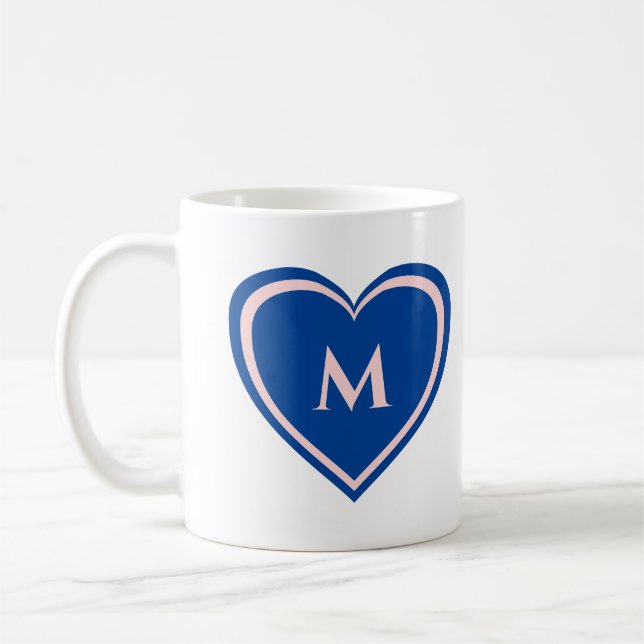 Modern Enkel Blå Rosa Hjärtmonogram Kaffemugg (Vänster)