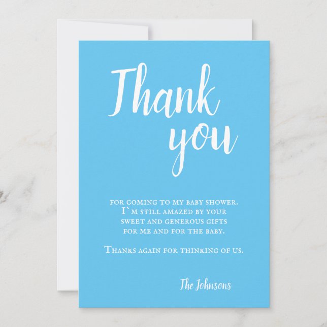 Modern Enkel Blå Typografi Bebis Shower Tack Kort (Framsida)