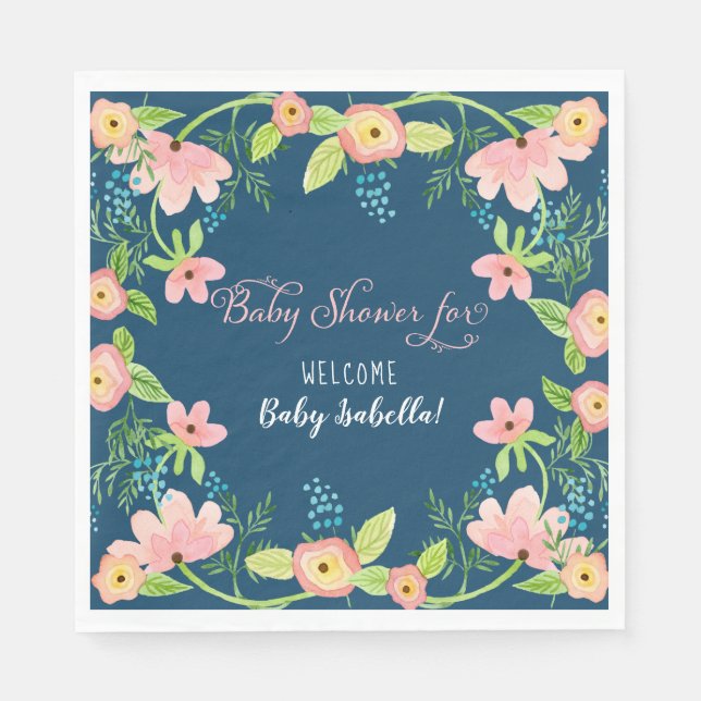 Modern enkel Blommigt Boho Girl Baby Shower Navy Pappersservett (Framsidan)
