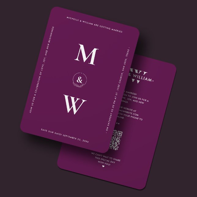Modern Enkel Bröllopsmonogram Lyx Lila Spara Datumet (Modern Simple Wedding Monogram Luxury Purple Save The Date
)