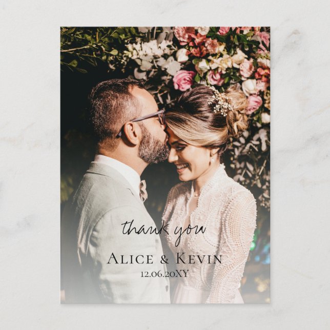 Modern enkel calligrafi Foto Bröllop Tack Vykort (Framsida)