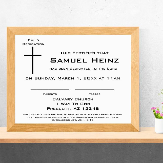 Modern enkel dopcertifikat för barn med kors brevhuvud (Modern Simple Cross Baby Dedication Certificate)