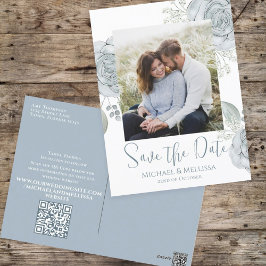 Modern enkel Dusty Blue Blommigt Photo QR-kod Vykort
