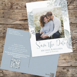 Modern enkel Dusty Blue Blommigt Photo QR-kod Vykort