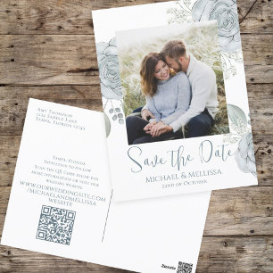 Modern enkel Dusty Blue Blommigt Photo QR-kod Vykort