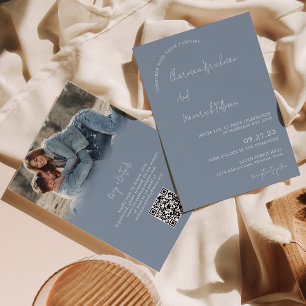 Modern enkel Dusty Blue OSA QR-kod Bröllop Inbjudningar