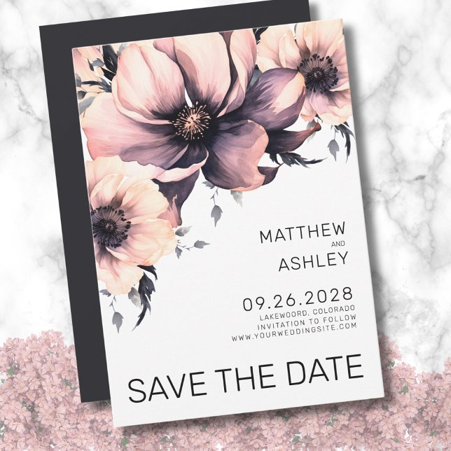 Modern enkel Elegant Rosa Blommigt Bröllop Spara Datumet (Simple Elegant Floral Pink Black White Wedding Save the Date)