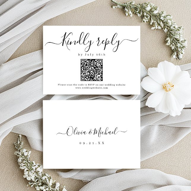 Modern enkel elegant, skript bröllop QR-kod OSA Kort (Modern simple elegant script wedding QR code RSVP Card)