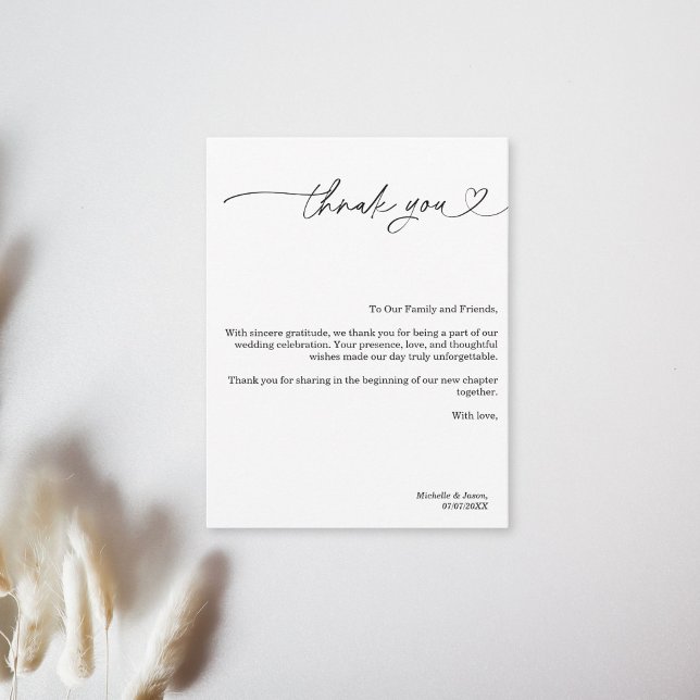 Modern Enkel Elegant Svart och Vitt Hjärta Tack Kort (Simple Modern Wedding Hand Drawn Heart Thank You Card)