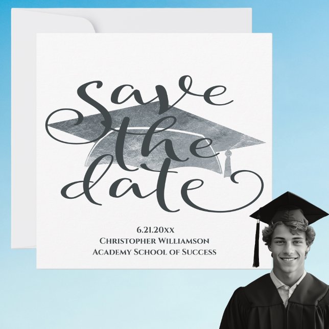 Modern enkel examen Save The Date (Modern Save The Date Graduation Announcement. Watercolor, gray tones. High School, College)