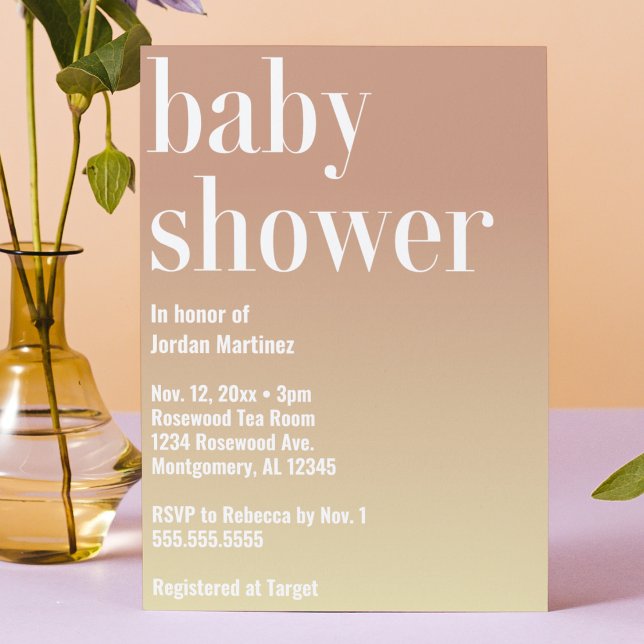 Modern, enkel, fetstilt babystövel för övertoning inbjudningar (modern simple gradient pink yellow baby shower invitation baby girl typography bold cute minimalist)