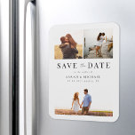 Modern enkel fotosamling Bröllop spara datum Magnet<br><div class="desc">Skapa dina egna bröllop spara datum-magneter med 3 av dina favoritfoton. Modern typografi med enkel 3 fotokollage.</div>