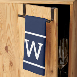 Modern Enkel Fyrkantig Ram Monogram Marinblå Kökshandduk
