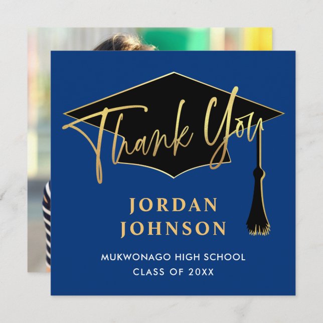 Modern enkel Golden Navy Blue PHOTO Studenten Tack Kort (Fram/baksida)