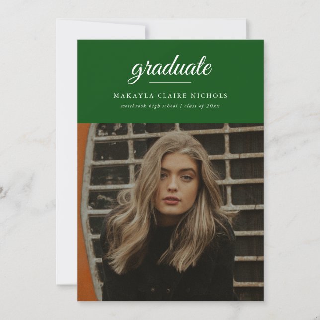 Modern enkel Grönt i skript, foto Studenten Inbjudningar (Framsida)