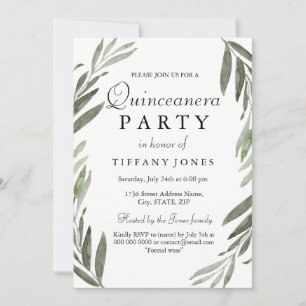 Modern enkel Grönt Löv Quinceanera Party Inbjudan