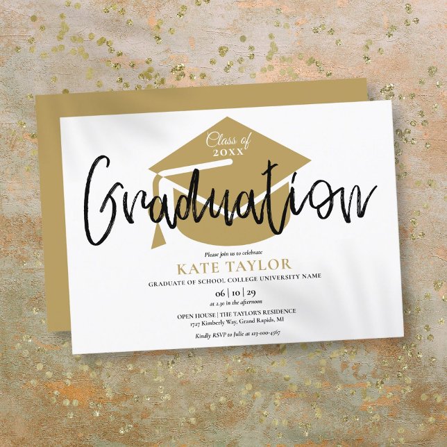 Modern Enkel Guld Kaskad Examensfest Inbjudningar (Modern Simple Gold Cap Graduation Party Invitation)