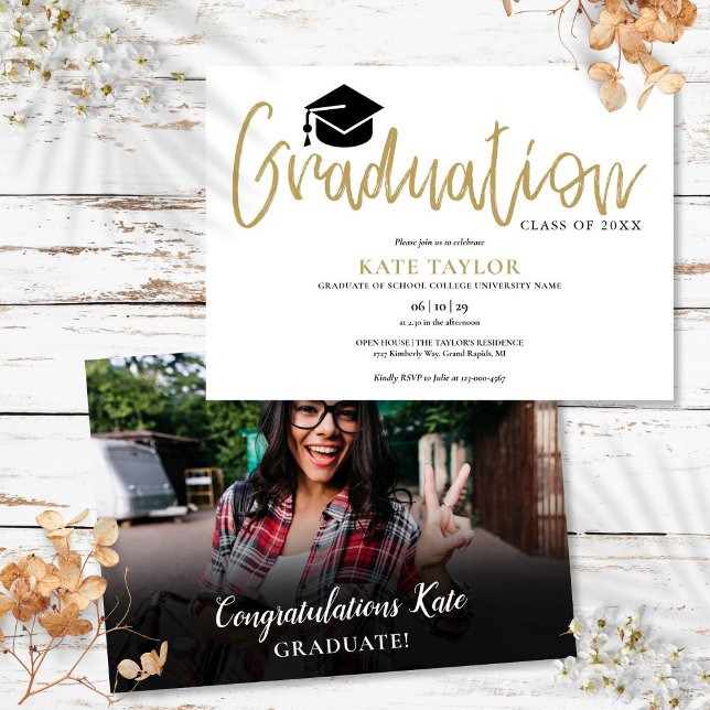 Modern Enkel Guld Skrift Examen Fest Foto Inbjudningar (Modern Simple Gold Script Graduation Party Photo Invitation)