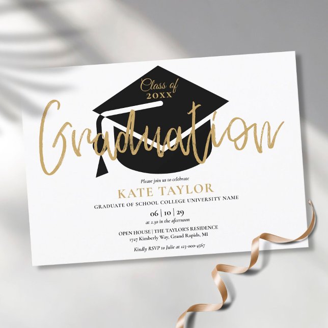 Modern Enkel Guld Skrift Examenkalas Inbjudningar (Modern Simple Gold Script Graduation Party Invitation)