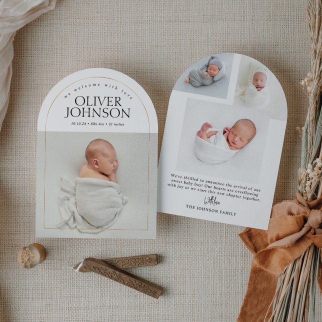 Modern Enkel Gyllene Båge Baby Foto Födelse Inbjudningar (Skapare uppladdad)