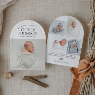 Modern Enkel Gyllene Båge Baby Foto Födelse Inbjudningar